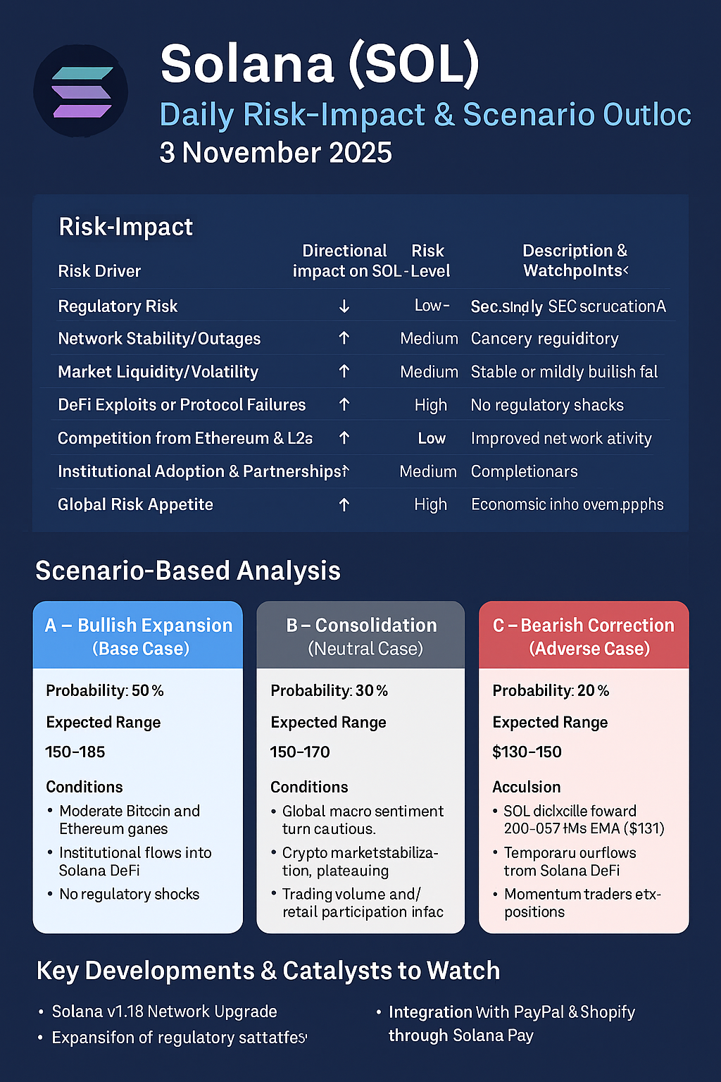 Solana or SOL — Daily Risk-Impact & Scenario Outlook: 3 Nov 2025