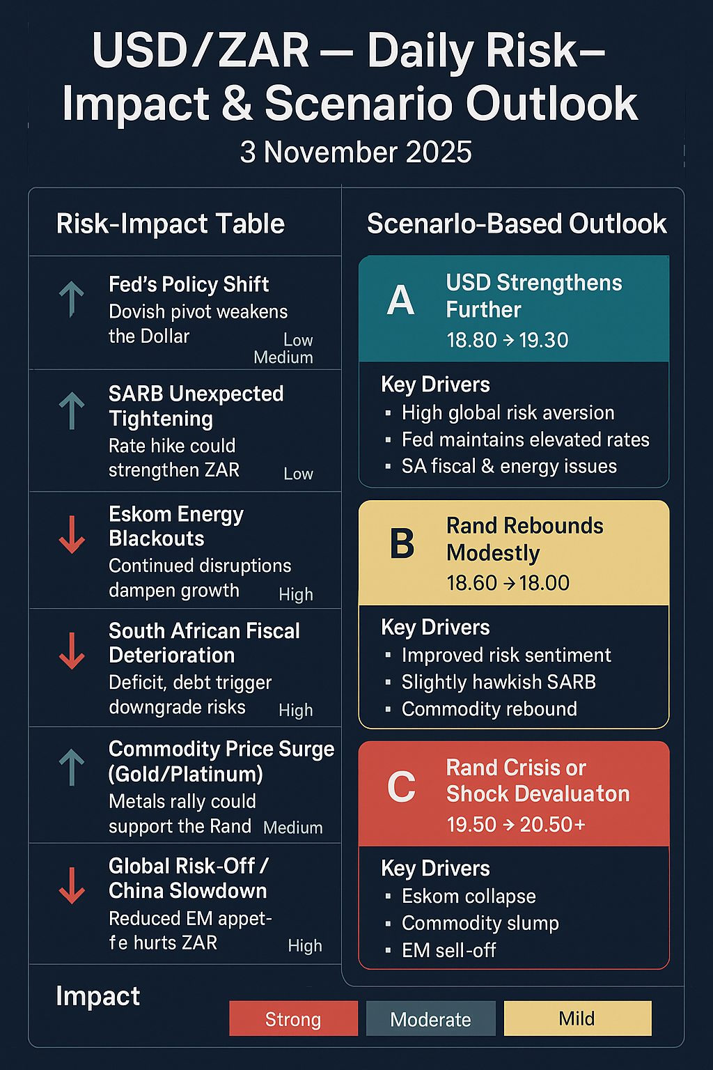 USD/ZAR — Daily Risk-Impact & Scenario Outlook: 3 Nov 2025